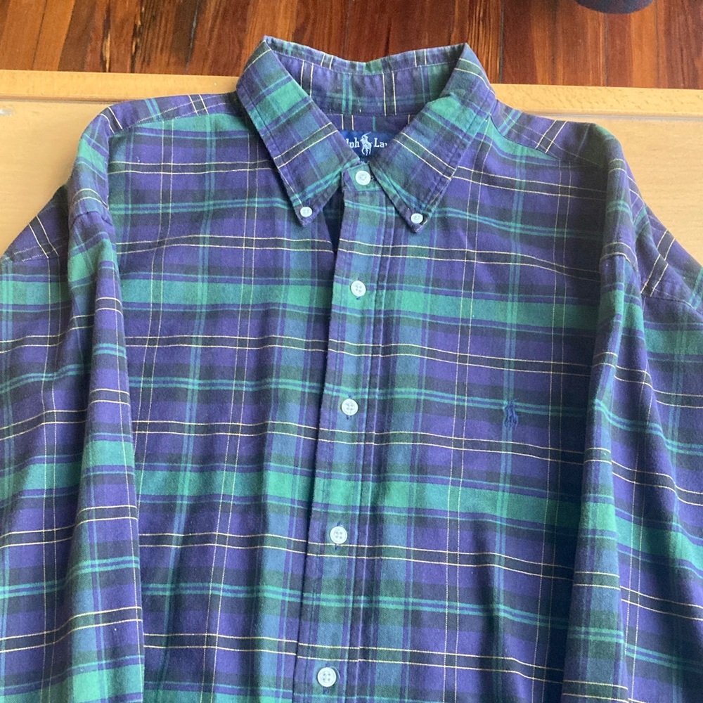 Polo by Ralph Lauren Men's Blue and Green  Black Watch Plaid long sleeve Shirt